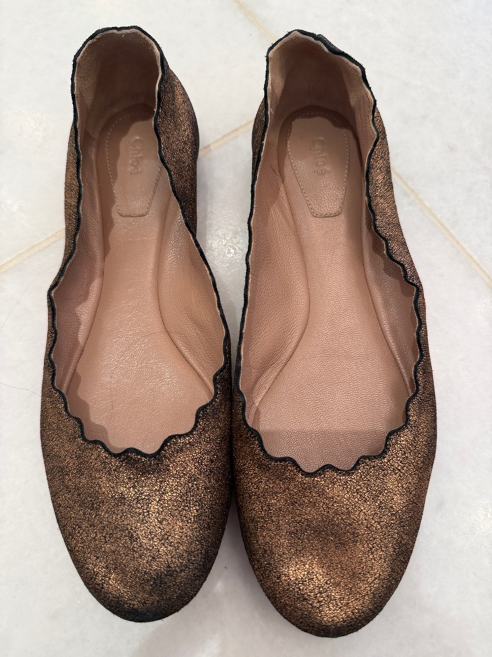 Chloe Metallic Bronze Scalloped Ballet Flats